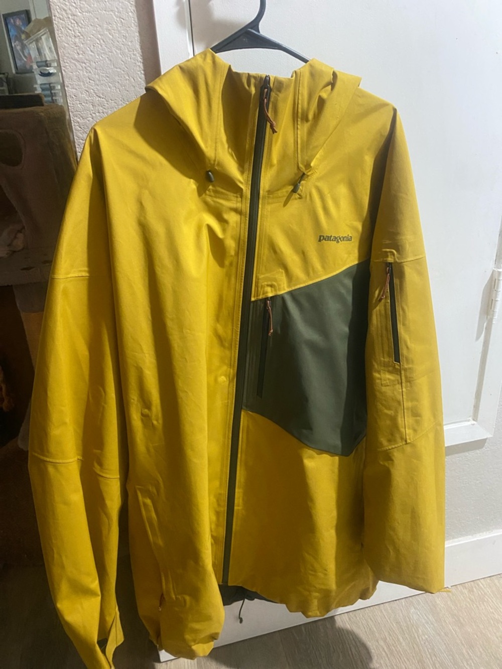 Patagonia Yellow Hooded Shell with Olive Chest Pocket